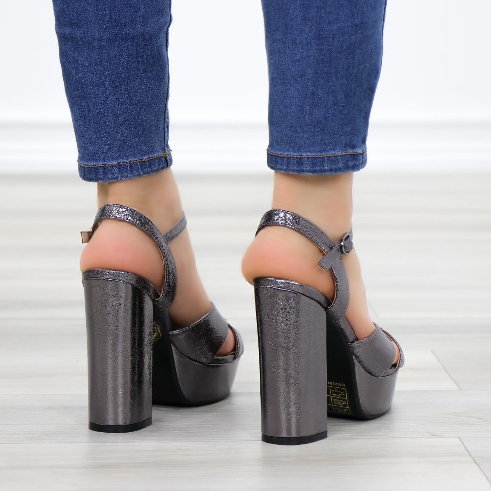 Metallic Pewter Platform Open Toe Heels - Picture 8 of 12